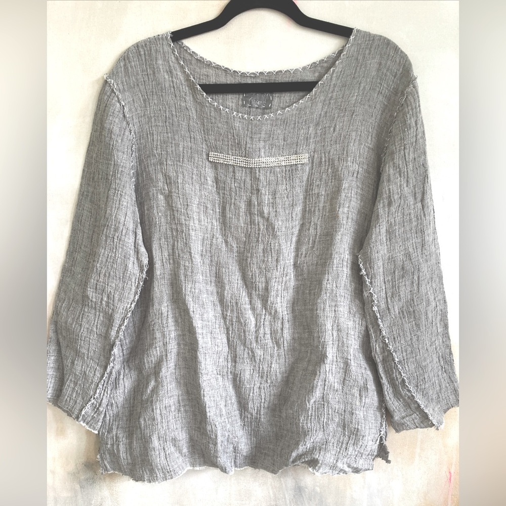 Made On Grand NYC Linen Top raw edged hand stitched rhinestone trim S oversized